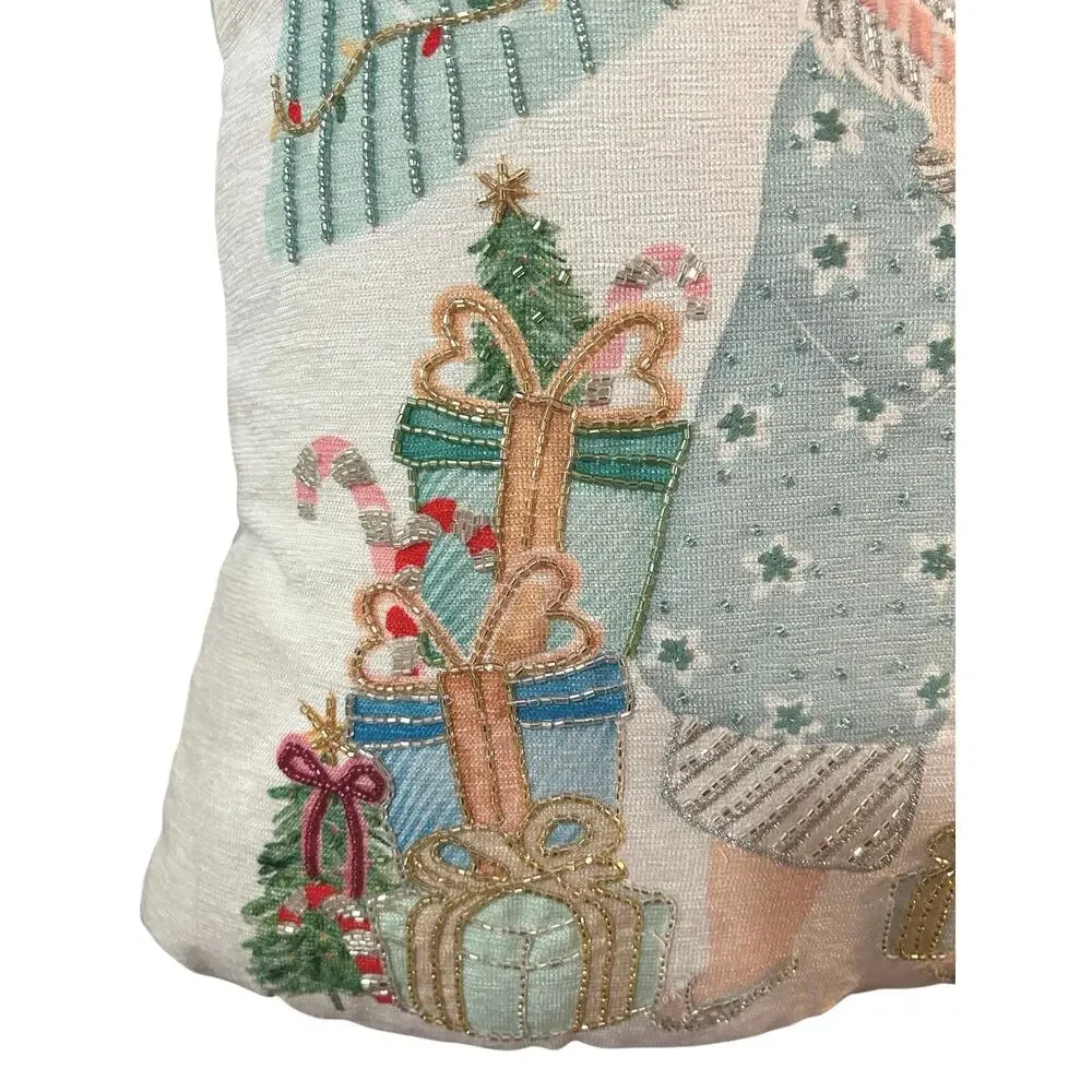 Santa at the Beach Christmas Throw Pillow 17” X 17” Beautiful Beading